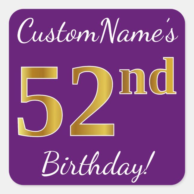 Pegatina Cuadrada Purple, Faux Gold 52nd Birthday + Nombre personali (Anverso)