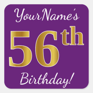 Pegatina Cuadrada Purple, Faux Gold 56th Birthday + Custom Name