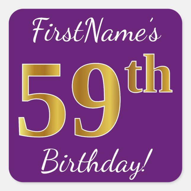 Pegatina Cuadrada Purple, Faux Gold 59th Birthday + Custom Name (Anverso)