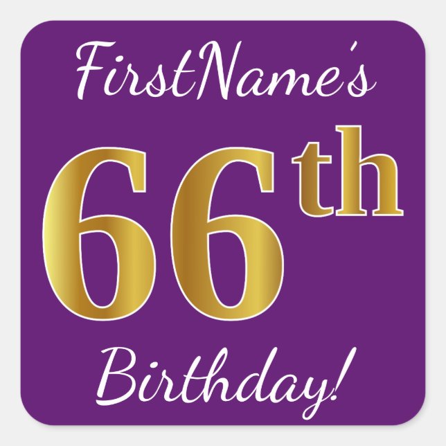 Pegatina Cuadrada Purple, Faux Gold 66th Birthday + Custom Name (Anverso)