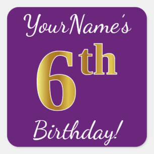 Pegatina Cuadrada Purple, Faux Gold 6Cumpleaños + Nombre Personaliza