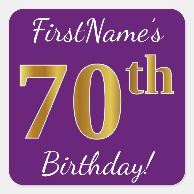 Pegatina Cuadrada Purple, Faux Gold 70th Birthday + Custom Name (Anverso)