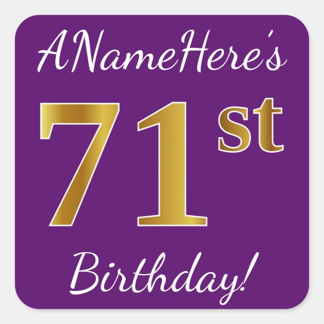 Pegatina Cuadrada Purple, Faux Gold 71st Birthday + Custom Name (Anverso)