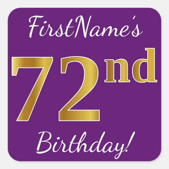 Pegatina Cuadrada Purple, Faux Gold 72nd Birthday + Nombre personali (Anverso)