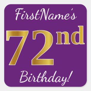 Pegatina Cuadrada Purple, Faux Gold 72nd Birthday + Nombre personali
