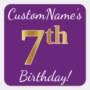 Pegatina Cuadrada Purple, Faux Gold 7Cumpleaños + Nombre Personaliza