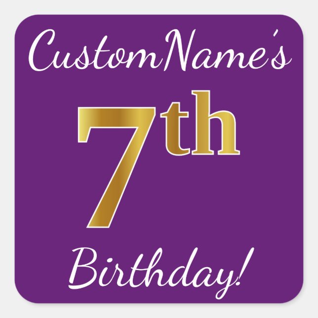 Pegatina Cuadrada Purple, Faux Gold 7Cumpleaños + Nombre Personaliza (Anverso)