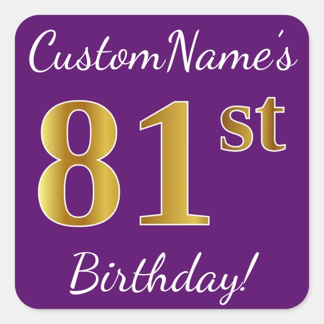 Pegatina Cuadrada Purple, Faux Gold 81st Birthday + Nombre personali (Anverso)