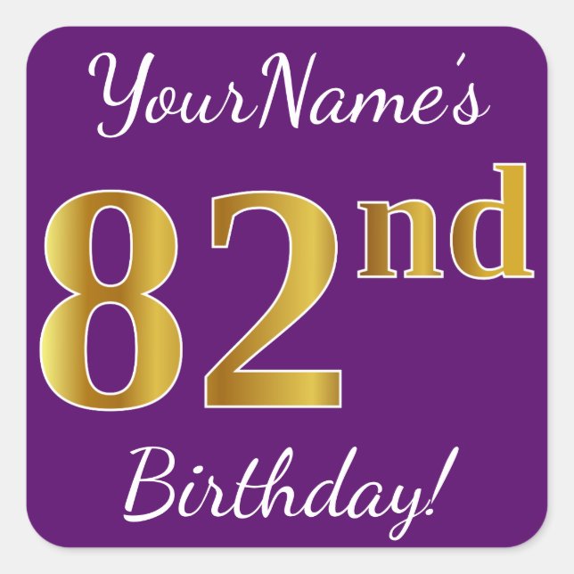 Pegatina Cuadrada Purple, Faux Gold 82nd Birthday + Nombre personali (Anverso)