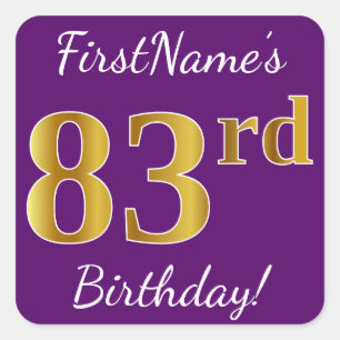 Pegatina Cuadrada Purple, Faux Gold 83rd Birthday + Custom Name
