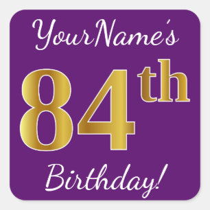 Pegatina Cuadrada Purple, Faux Gold 84th Birthday + Custom Name