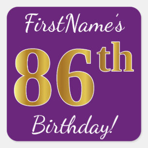 Pegatina Cuadrada Purple, Faux Gold 86th Birthday + Custom Name