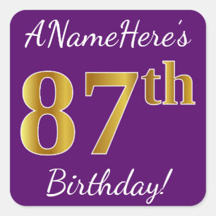 Pegatina Cuadrada Purple, Faux Gold 87th Birthday + Custom Name