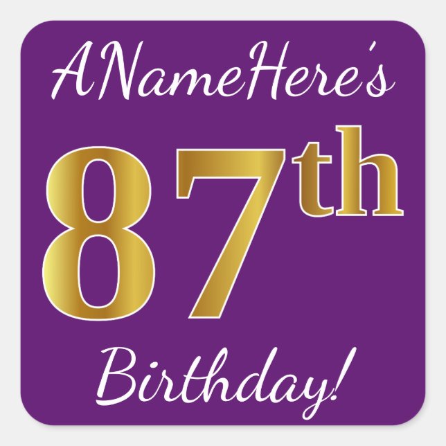 Pegatina Cuadrada Purple, Faux Gold 87th Birthday + Custom Name (Anverso)