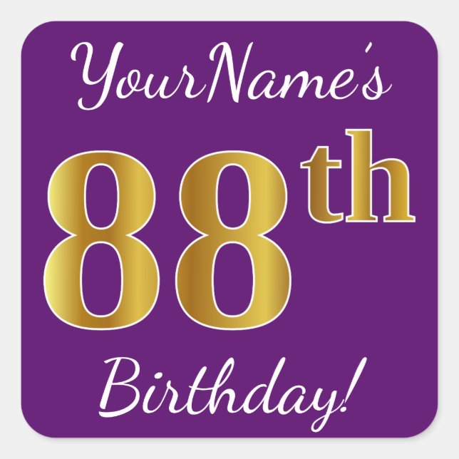 Pegatina Cuadrada Purple, Faux Gold 88th Birthday + Custom Name (Anverso)