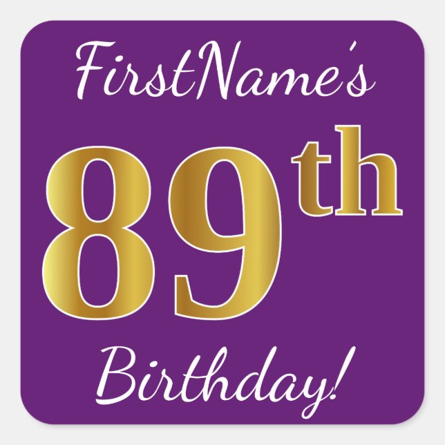 Pegatina Cuadrada Purple, Faux Gold 89th Birthday + Custom Name (Anverso)