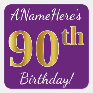 Pegatina Cuadrada Purple, Faux Gold 90th Birthday + Custom Name