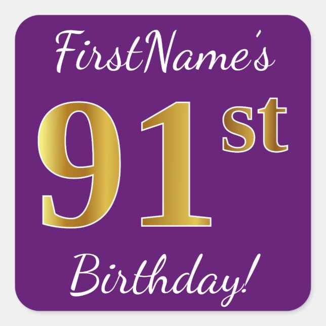 Pegatina Cuadrada Purple, Faux Gold 91st Birthday + Nombre personali (Anverso)