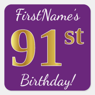 Pegatina Cuadrada Purple, Faux Gold 91st Birthday + Nombre personali