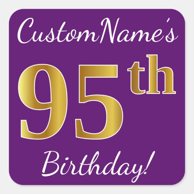 Pegatina Cuadrada Purple, Faux Gold 95th Birthday + Custom Name (Anverso)