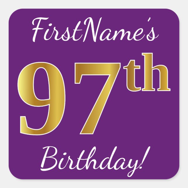 Pegatina Cuadrada Purple, Faux Gold 97th Birthday + Custom Name (Anverso)