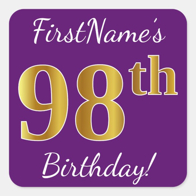 Pegatina Cuadrada Purple, Faux Gold 98th Birthday + Custom Name (Anverso)