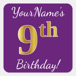 Pegatina Cuadrada Purple, Faux Gold 9Cumpleaños + Nombre Personaliza