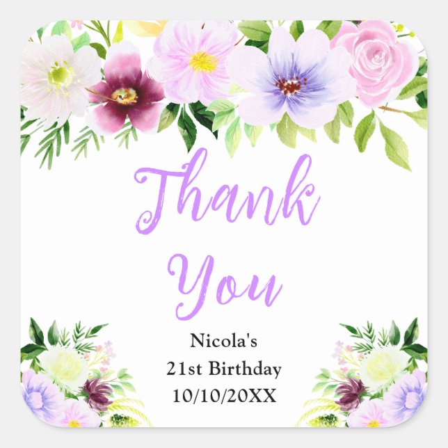 Pegatina Cuadrada Purple Flowers and Foliage Birthday Thank You (Anverso)