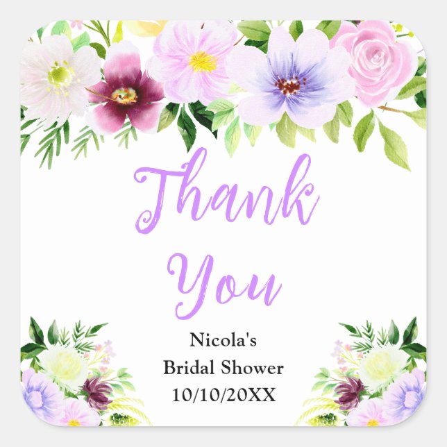 Pegatina Cuadrada Purple Flowers and Foliage Bridal Shower Thank You (Anverso)
