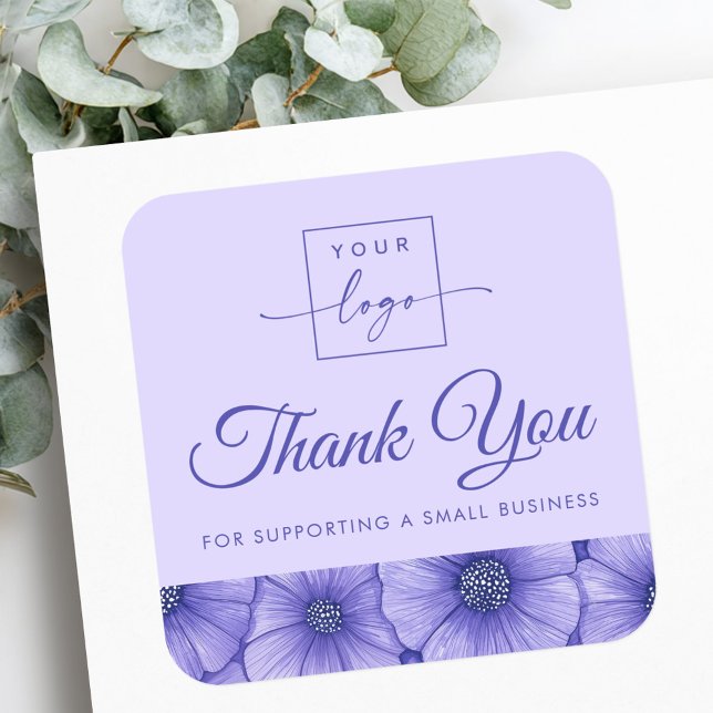 Pegatina Cuadrada Purple flowers floral border business thank you (Purple flowers floral border business thank you square sticker)