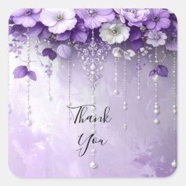 Pegatina Cuadrada Purple Flowers with Dangling Pearls Sticker