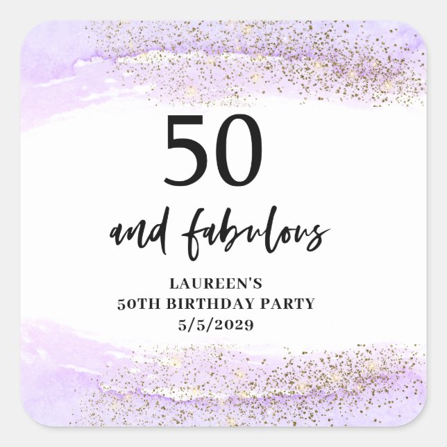 Pegatina Cuadrada Purple Glitter Purple 50th Birthday Party  (Anverso)