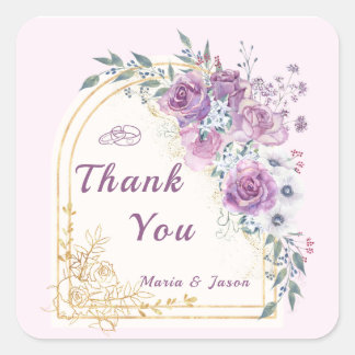 Pegatina Cuadrada Purple Gold Floral Wedding Thank You Sticker