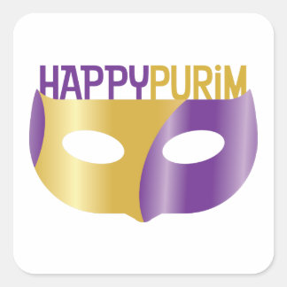 Pegatina Cuadrada Purple Gold Happy Purim y máscara