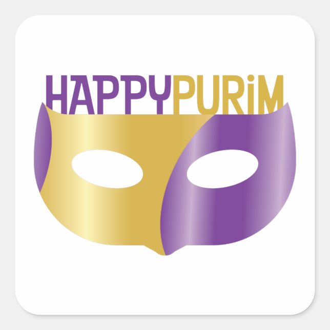 Pegatina Cuadrada Purple Gold Happy Purim y máscara (Anverso)