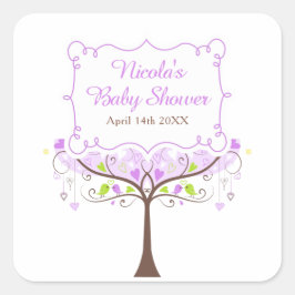 Pegatina Cuadrada Purple & Green Floral Bird Baby Shower 