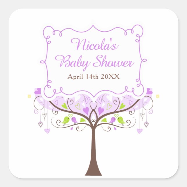 Pegatina Cuadrada Purple & Green Floral Bird Baby Shower  (Anverso)