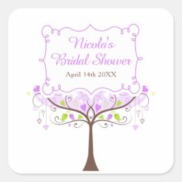 Pegatina Cuadrada Purple & Green Floral Bird Bridal Shower 