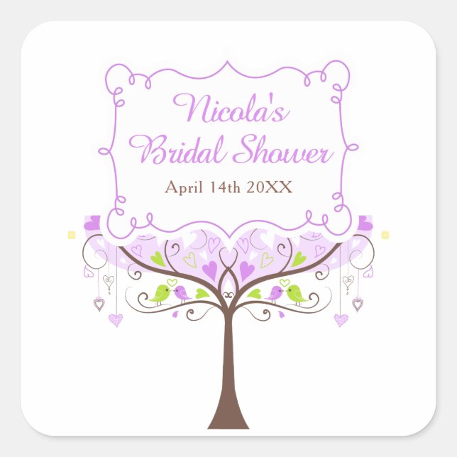 Pegatina Cuadrada Purple & Green Floral Bird Bridal Shower  (Anverso)
