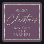 Pegatina Cuadrada Purple Green Merry Christmas ID1009<br><div class="desc">Si se preguntan qué combinaciones de colores elegir para la decoración de sus Navidades y los suministros de envoltura de regalos este año, he creado colecciones de patrones de coordinación para hacer la vida un poco más fácil. Este pegatina "Feliz Navidad" presenta un fondo morado de berenjena profunda y un...</div>