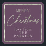 Pegatina Cuadrada Purple Green Merry Christmas ID1009<br><div class="desc">Si se preguntan qué combinaciones de colores elegir para la decoración de sus Navidades y los suministros de envoltura de regalos este año, he creado colecciones de patrones de coordinación para hacer la vida un poco más fácil. Este pegatina "Feliz Navidad" presenta un fondo morado de berenjena profunda y un...</div>