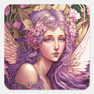 Pegatina Cuadrada Purple Hair Fairy Angel Fantasy Art