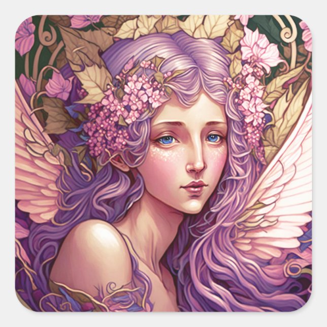 Pegatina Cuadrada Purple Hair Fairy Angel Fantasy Art (Anverso)