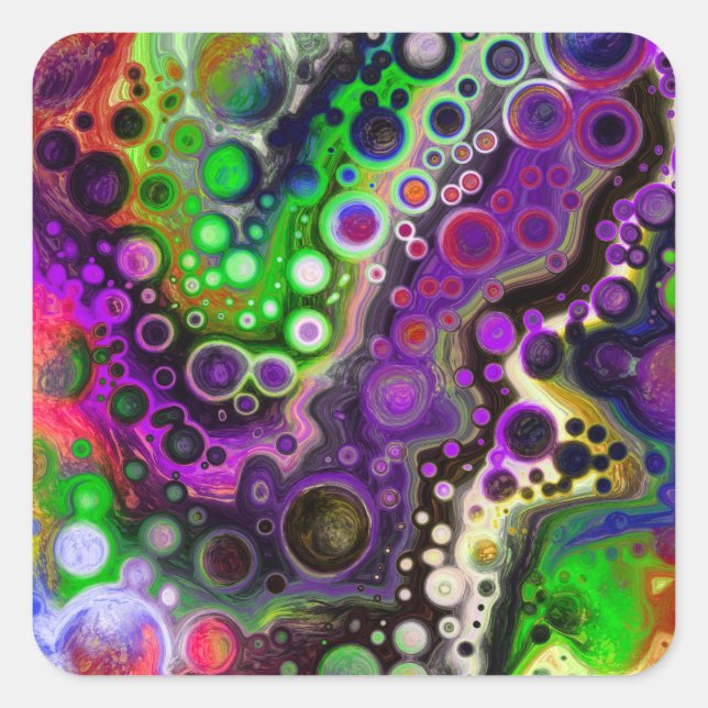 Pegatina Cuadrada Purple, Lime Green y Black Marble Fluid Art (Anverso)