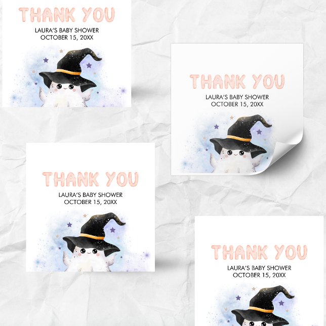 Pegatina Cuadrada Purple Little Boo Ghost Witch Baby Shower (Little Boo Halloween Baby Shower Square Sticker)