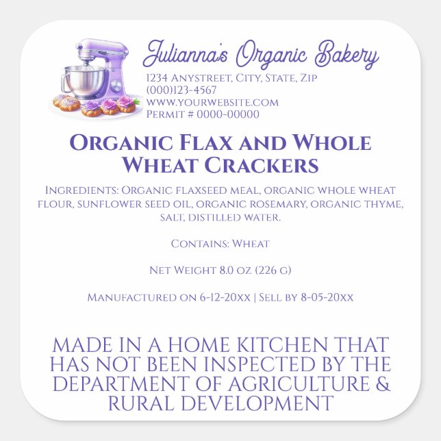 Pegatina Cuadrada Purple Mixer Bread Bakery Pastry Chef Food Product (Anverso)