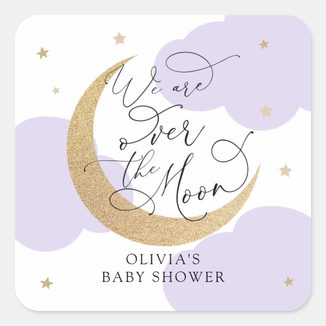 Pegatina Cuadrada Purple Over the Moon Baby Shower (Anverso)