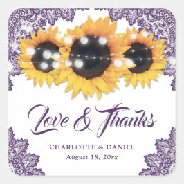 Pegatina Cuadrada Purple Rustic Sunflower Wedding Thank You