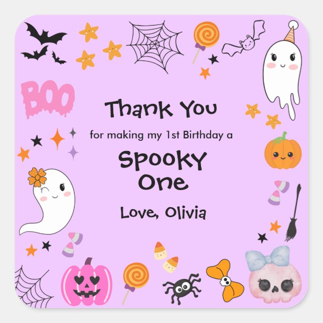 Pegatina Cuadrada Purple Spooky One Cute Halloween 1st Birthday  (Anverso)