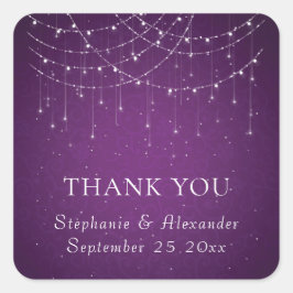 Pegatina Cuadrada Purple String Lights Nombre Boda Gracias